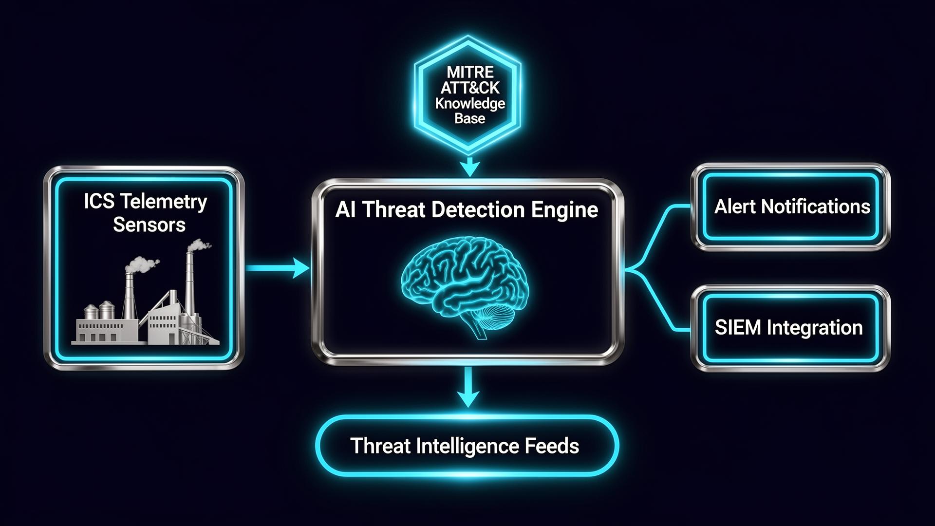 AI-driven OT threat detection system architecture showing Threat Intelligence, MITRE ATT&CK Knowledge Base, ICS Telemetry Sensors, Alert Notifications, and SIEM integration