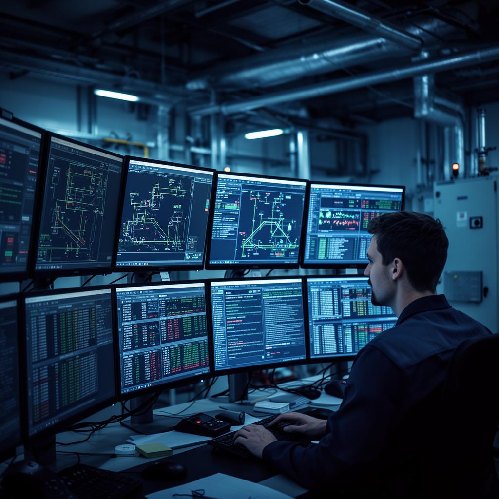 OT threat landscape analysis - cybersecurity analyst monitoring SCADA systems in an industrial control room