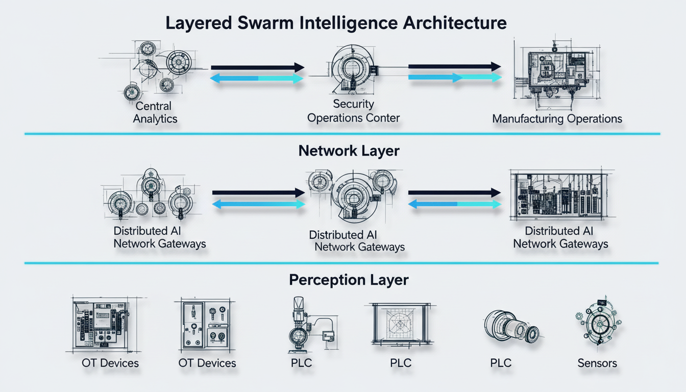 Layered Swarm Intelligence Architecture showing Application, Network, and Perception layers