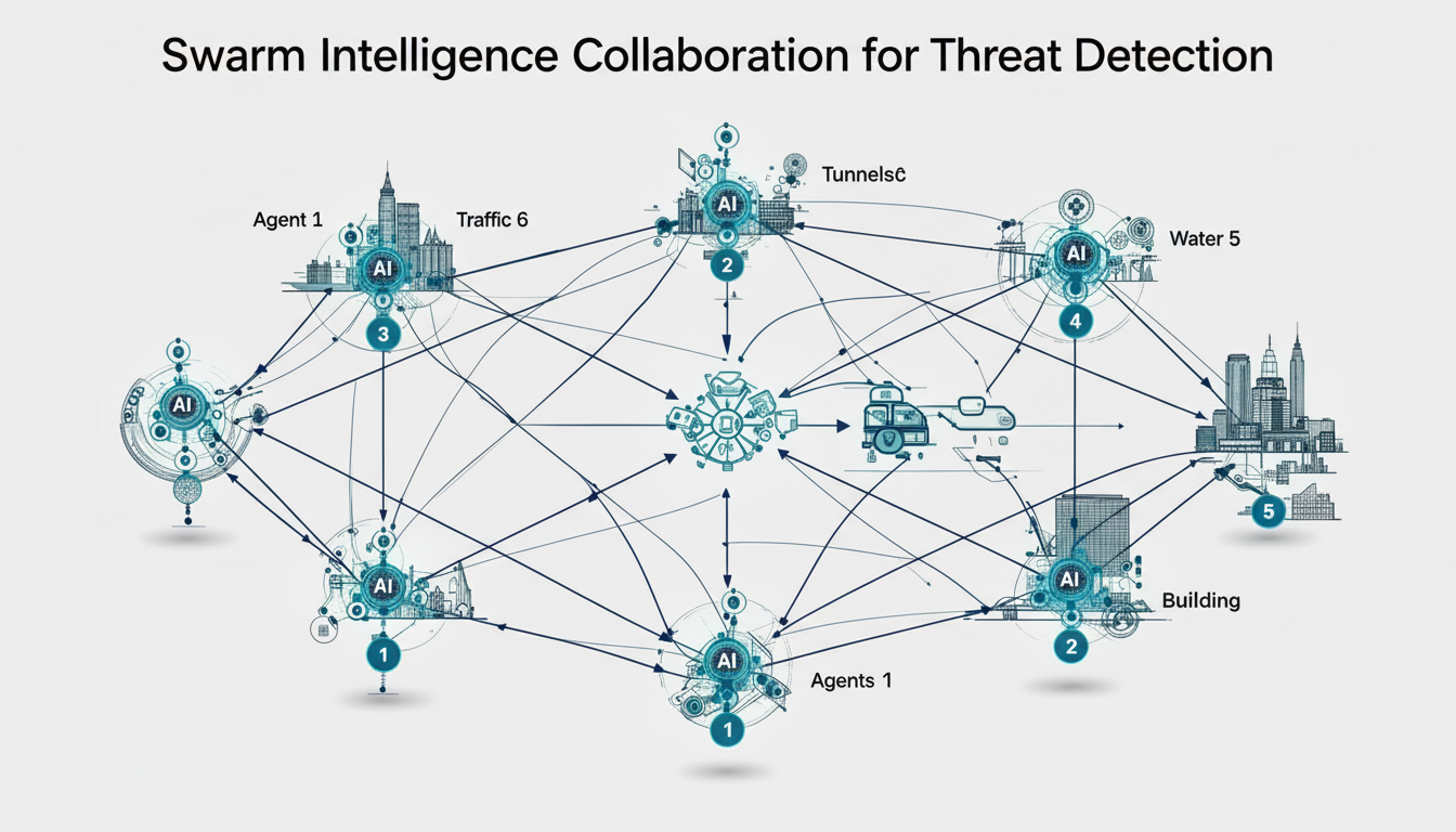 Swarm Intelligence Collaboration and Threat Detection diagram showing coordinated attack detection scenario