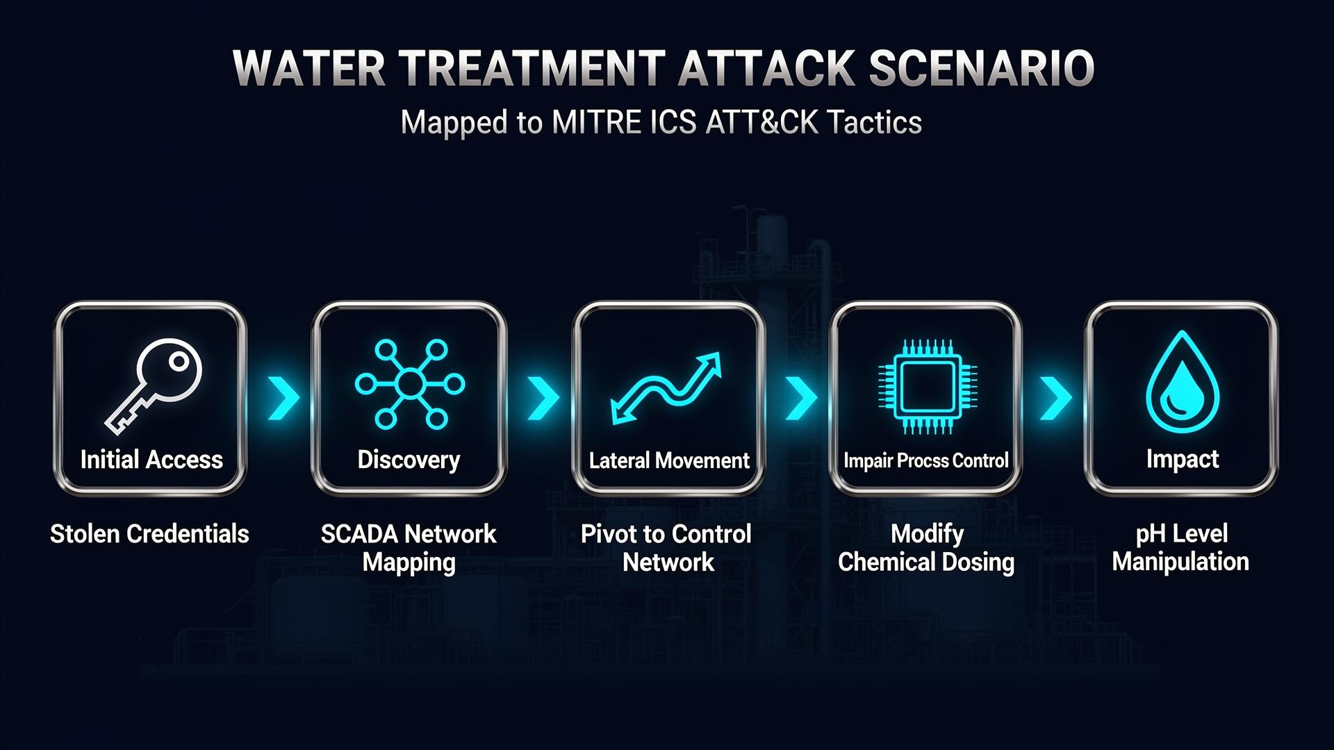 Water Treatment Plant attack scenario showing Initial Access, Discovery, Lateral Movement, Impair Process Control, and Impact phases